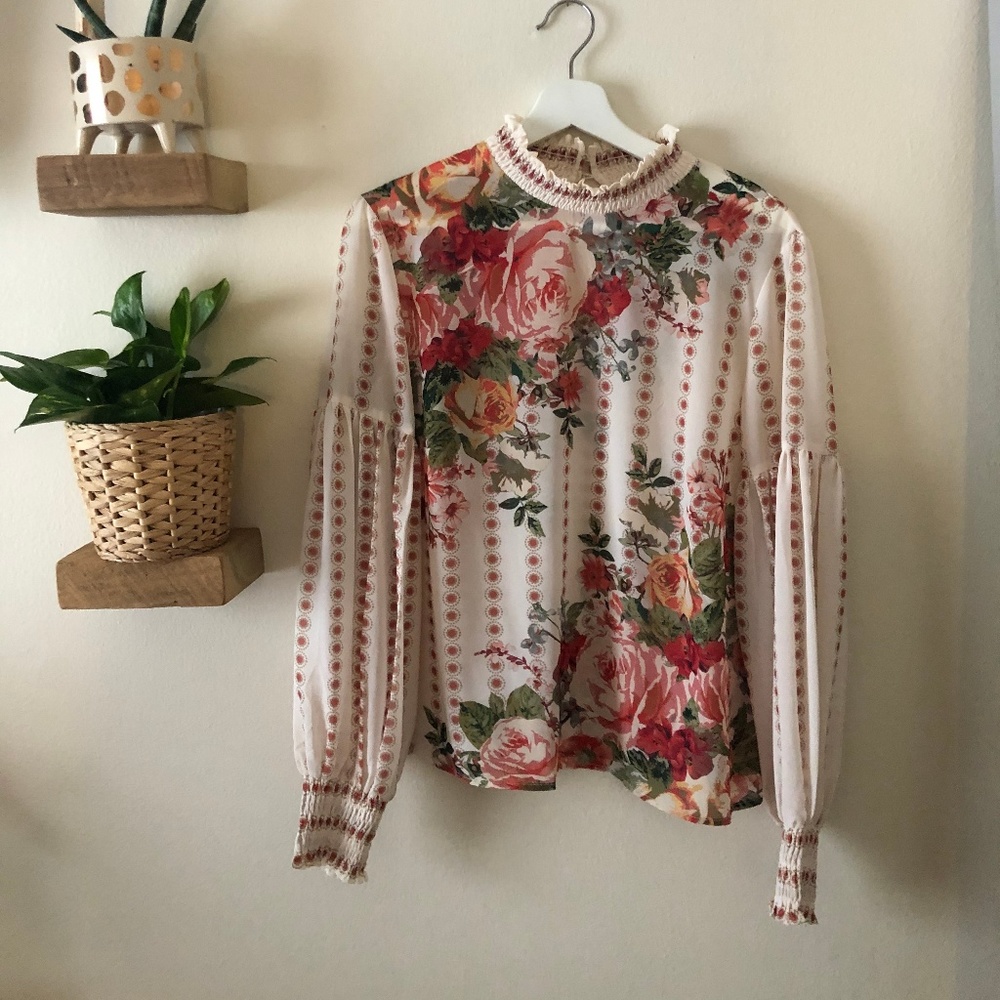 Highneck Floral Top with Elastic Sleeves - VICI